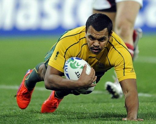 Kurtley Beale scores a try during the 2011 Rugby World Cup match against the US at Wellingtonon September 23, 2011