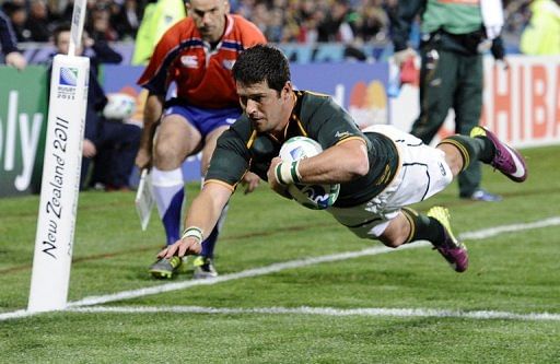Morne Steyn scores a try during the 2011 Rugby World Cup match against Namibia in Auckland on September 22, 2011