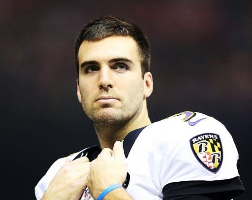Joe Flacco looks on during a power outage at the Super Bowl on February 3, 2013 in New Orleans