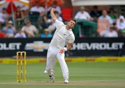 New Zealand&#039;s Doug Bracewell bowls during a cricket match in Port Elizabeth, South Africa on January 11, 2013