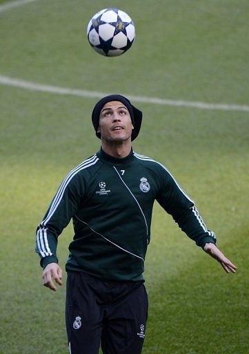 Real Madrid forward Cristiano Ronaldo is pictured during a training session in Manchester on March 4, 2013