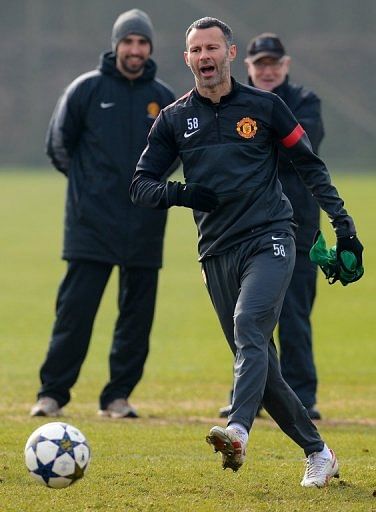 Manchester United midfielder Ryan Giggs is pictured during a team training session in Manchester on March 4, 2013