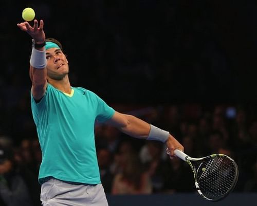 Rafael Nadal serves during an exhibition match against Argentina's Juan Martin Del Potro in New York on March 4, 2013