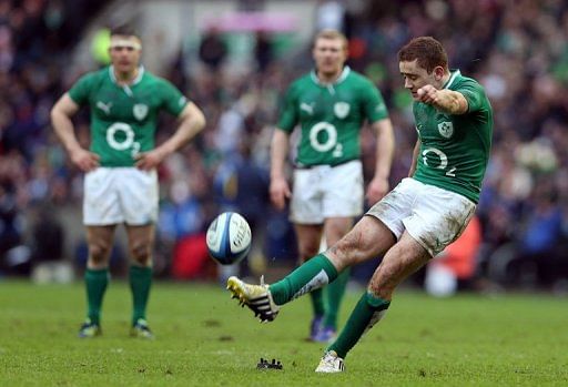 Ireland&#039;s Paddy Jackson kicks a penalty during the Six Nations match against Scotland in Edinburgh, on February 24, 2013