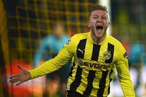 Dortmund midfielder Jakub Blaszczykowski scores against Shakhtar Donetsk on March 5, 2013.