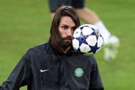 Celtic forward Giorgios Samaras looks at the ball during a training session in Turin on March 5, 2013