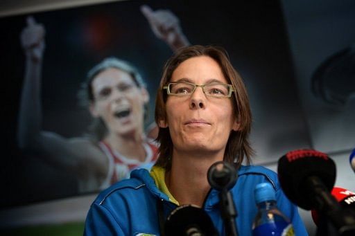 Tia Hellebaut holds a press conference in Paal on March 6, 2013