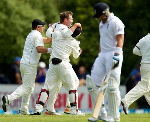 New Zealand celebrate the wicket of Matt Prior as the Kiwis bowled out England for 167 on March 7, 2013