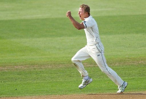 New Zealand&#039;s Neil Wagner celebrates the wicket of Kevin Pietersen during the Test against England on March 7, 2013