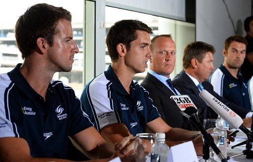 Australian swimmers are pictured at a press conference in Sydney, on February 22, 2013