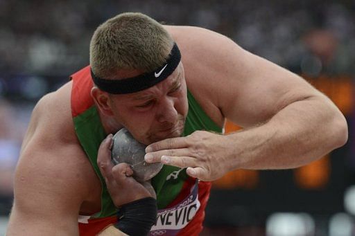 Andrei Mikhnevich competes in the men&#039;s shot put during the London 2012 Olympic Games on August 3, 2012