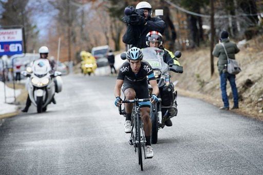 Richie Porte competes during the last summit of the fifth stage of the 71st Paris-Nice cycling race on March 8, 2013