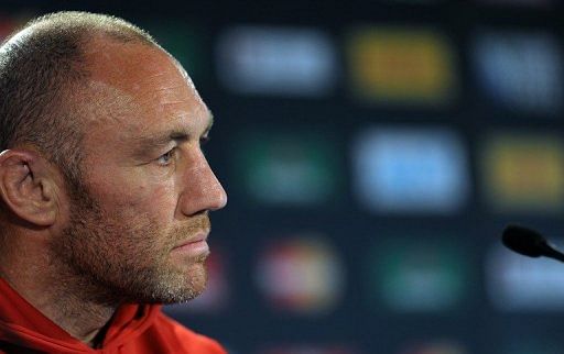 Wales&#039; forwards coach Robin McBryde gives a press conference in Auckland on October 14, 2011
