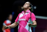 India's Saina Nehwal reacts after winning against China's Wang Shixian in Birmingham, central England, on March 8, 2013