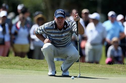 Steve Stricker of the US lines up a putt on March 8, 2013 in Doral, Florida