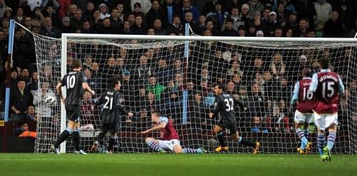 Manchester City striker Carlos Tevez scores against Aston Villa on March 4, 2013 Manchester City striker Carlos Tevez scores against Aston Villa on March 4, 2013