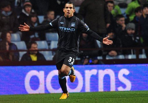 Manchester City striker Carlos Tevez celebrates scoring against Aston Villa on March 4, 2013