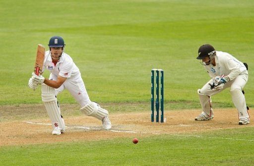 England captain Alastair Cook bats against New Zealand in Dunedin on March 9, 2013