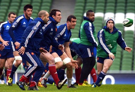 France&#039;s rugby union national team players attend a training session at the Aviva stadium in Dublin, on March 8, 2013