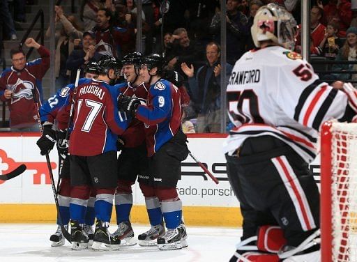 The Colorado Avalanche celebrate a goal against the Chicago Blackhawks on March 8, 2013 in Denver