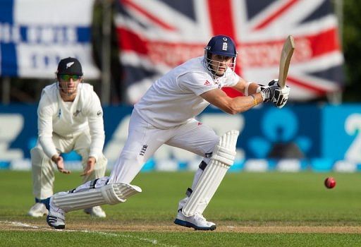 England&#039;s Steven Finn bats against New Zealand in Dunedin on March 10, 2013