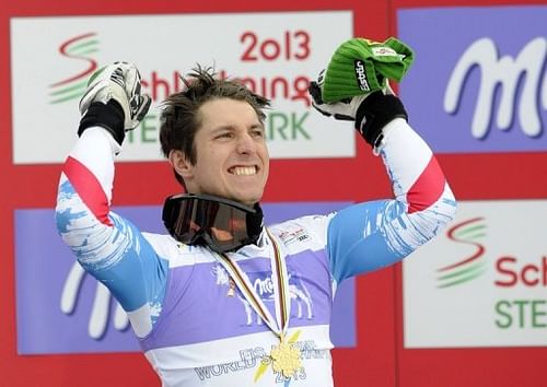 Marcel Hirscher poses on the podium after the men's slalom at the 2013 Ski World Championships on February 17, 2013