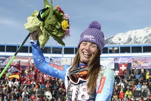 Tina Maze celebrates after winning the FIS World Cup Women's Downhill in Garmisch-Partenkirchen, on March 2, 2013