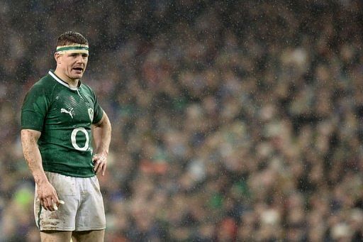 Brian O&#039;Driscoll reacts during the Six Nations rugby match against France in Dublin on March 9, 2013