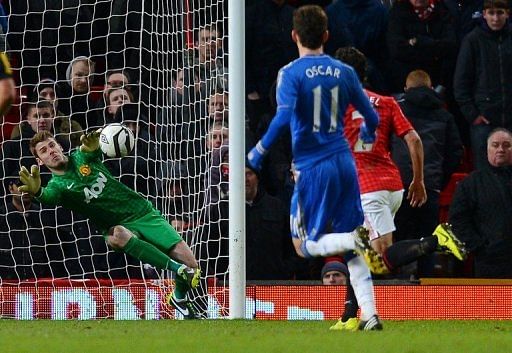 Man United goalkeeper David de Gea (L) makes a late save during their FA Cup match against Chelsea on March 10, 2013