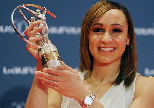 British track atlete Jessica Ennis poses with her Laureus award in Rio de Janeiro, Brazil, on March 11, 2013