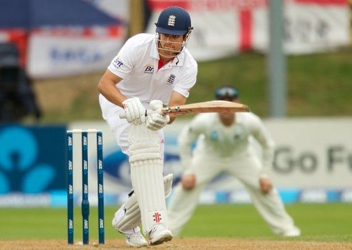 England captain Alastair Cook bats during the first Test against New Zealand on March 9, 2013