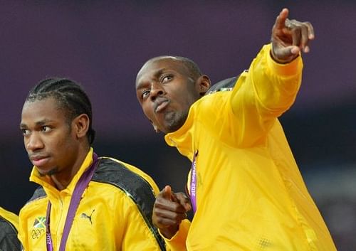 Jamaica's Usain Bolt and Jamaica's Yohan Blake (L) pose during the London 2012 Olympic Games on August 11, 2012