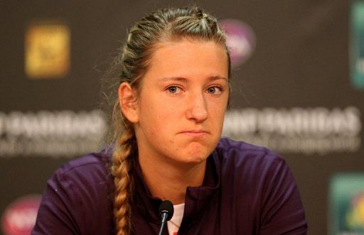 Victoria Azarenka speaks at a press conference after withdrawing on March 14, 2013, in Indian Wells, California