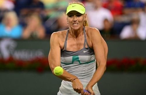 Maria Sharapova readies for a backhand return against Kirilenko in Indian Wells, California on March 15, 2013