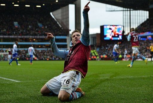 Aston Villa&#039;s forward Andreas Weimann celebrates scoring in Birmingham, central England, on March 16, 2013