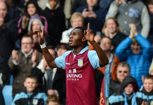 Aston Villa&#039;s forward Christian Benteke celebrates after scoring a goal at Villa Park in Birmingham, March 16, 2013