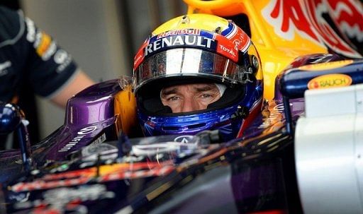 Mark Webber is pictured in his car during the 3rd practice session for the Australian GP in Melbourne on March 16, 2013