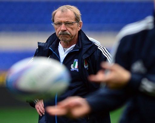 Italy coach Jacques Brunel is pictured during the captain&#039;s run in Rome on February 2, 2013