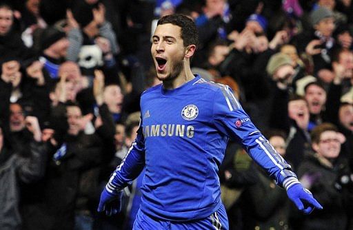 Chelsea&#039;s Eden Hazard celebrates scoring a goal during a match in London, on February 21, 2013