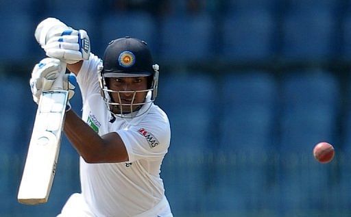 Sri Lanka&#039;s Kumar Sangakkara plays a shot against Bangladesh at the R. Premadasa stadium in Colombo on March 17, 2013