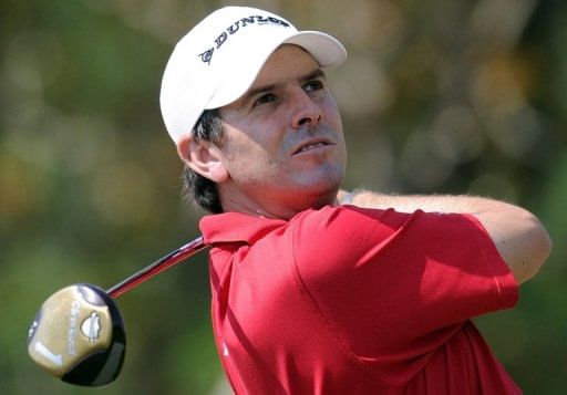 Thomas Aiken tees off on the fifth hole during the Avantha Masters golf tournament in Greater Noida on March 17, 2013