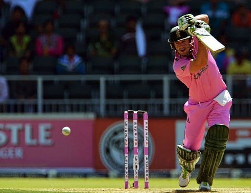 AB de Villiers (C) of South Africa bats in Johannesburg on March 17, 2013