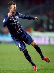 Paris' David Beckham shoots the ball at the Geoffroy Guichard stadium in Saint-Etienne, on March 17, 2013