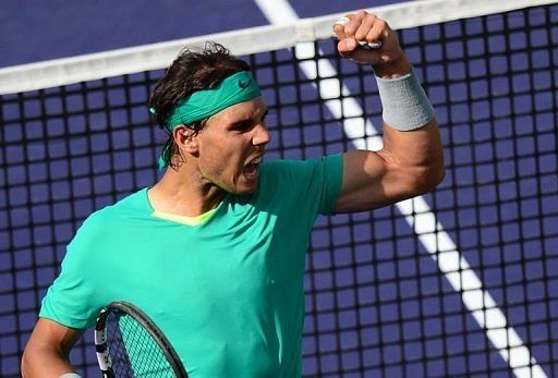 Rafael Nadal wins a point against Juan Martin del Potro at Indian Wells on March 17, 2013