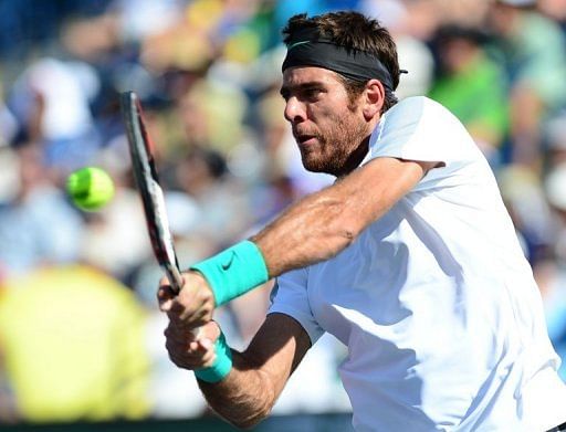 Juan Martin del Potro returns against Rafael Nadal on March 17, 2013 at Indian Wells