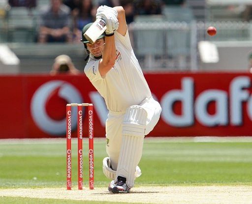 Australian batsman Shane Watson drives a delivery from the Sri Lankan bowling on December 27, 2012