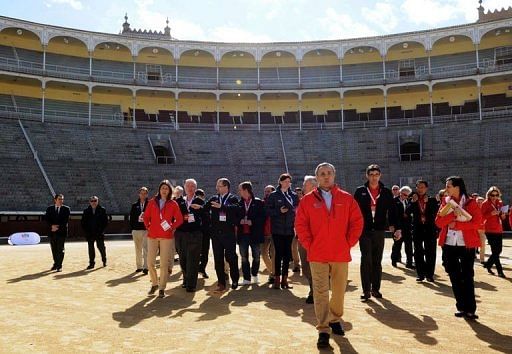Members of the IOC evaluation team visit the Las Ventas bullring in Madrid on March 18, 201
