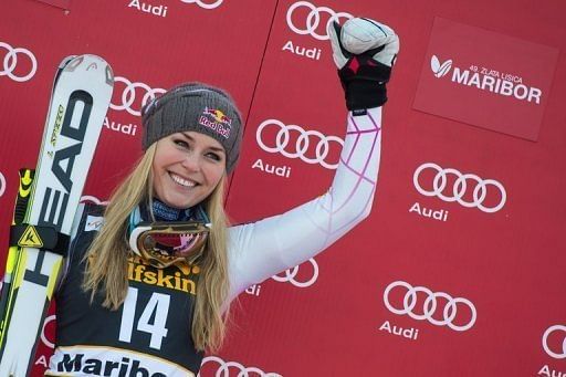 Lindsey Vonn celebrates winning the FIS World Cup giant slalom in Slovenia on January 26, 2013