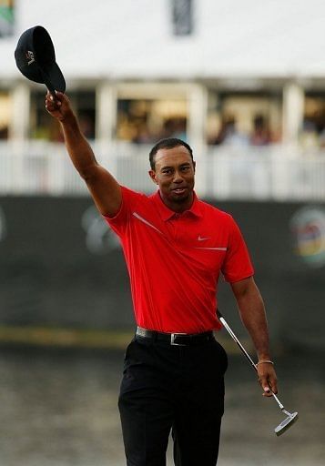 Tiger Woods celebrates victory in Doral, Florida on March 10, 2013