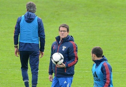 Fabio Capello leads a Russian squad training session in Moscow on October 15, 2012